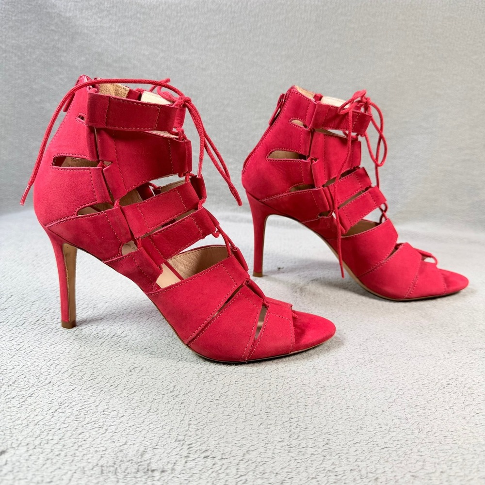 Loeffler Randall Womens 8 Red Suede Gladiator Lace Up Stiletto Cage Heel Sandals